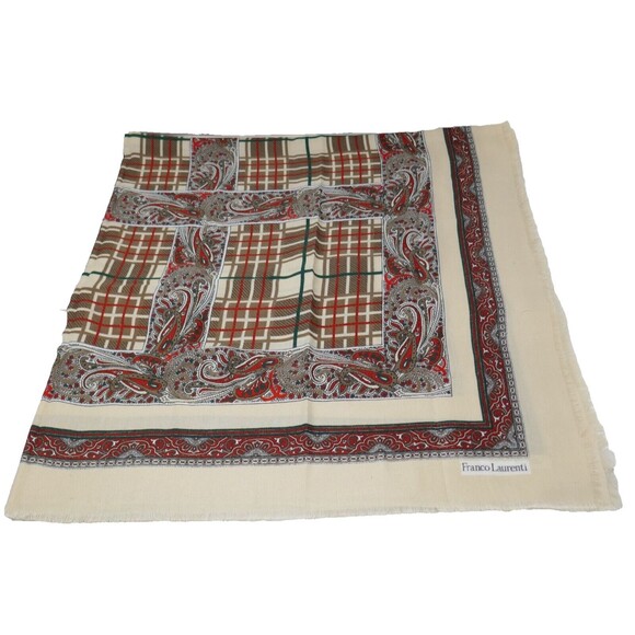 Franco Laurenti Large Paisley Plaid Square Scarf with Raw Fringe - Picture 1 of 6